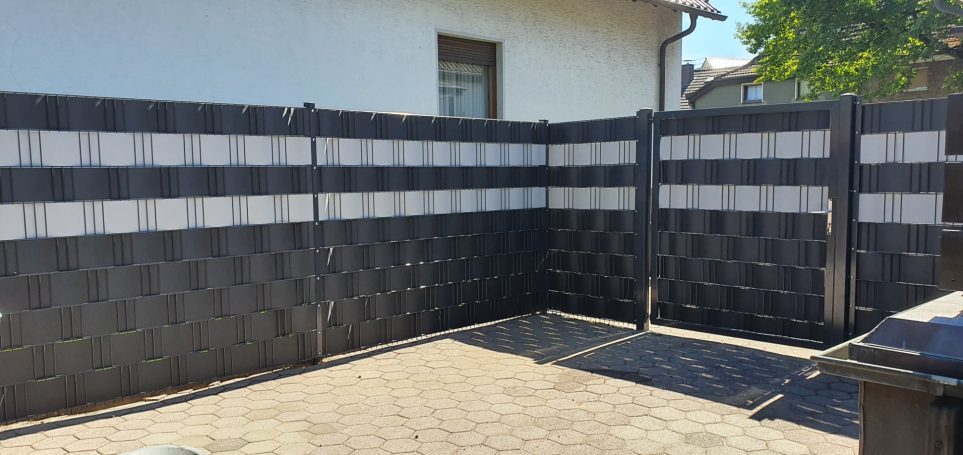 Doppelstabmattenzaun & Gartentor 1,80m hoch mit Sichtschutz in Anthrazit / Grau